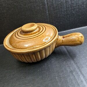 Vintage USA Pottery Brown Glazed Ceramic French Onion Soup Bowl with Lid
